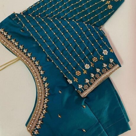 Aari Work in Peacock Blue blouse